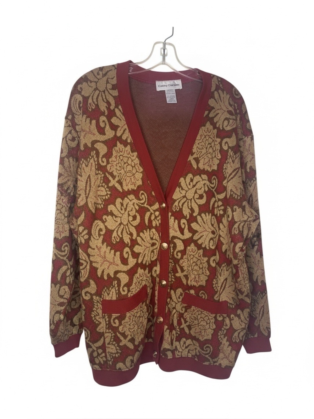 Vintage Cathy Daniels Baroque Botanical Floral Cardigan Burgundy Taupe Knit Sz L